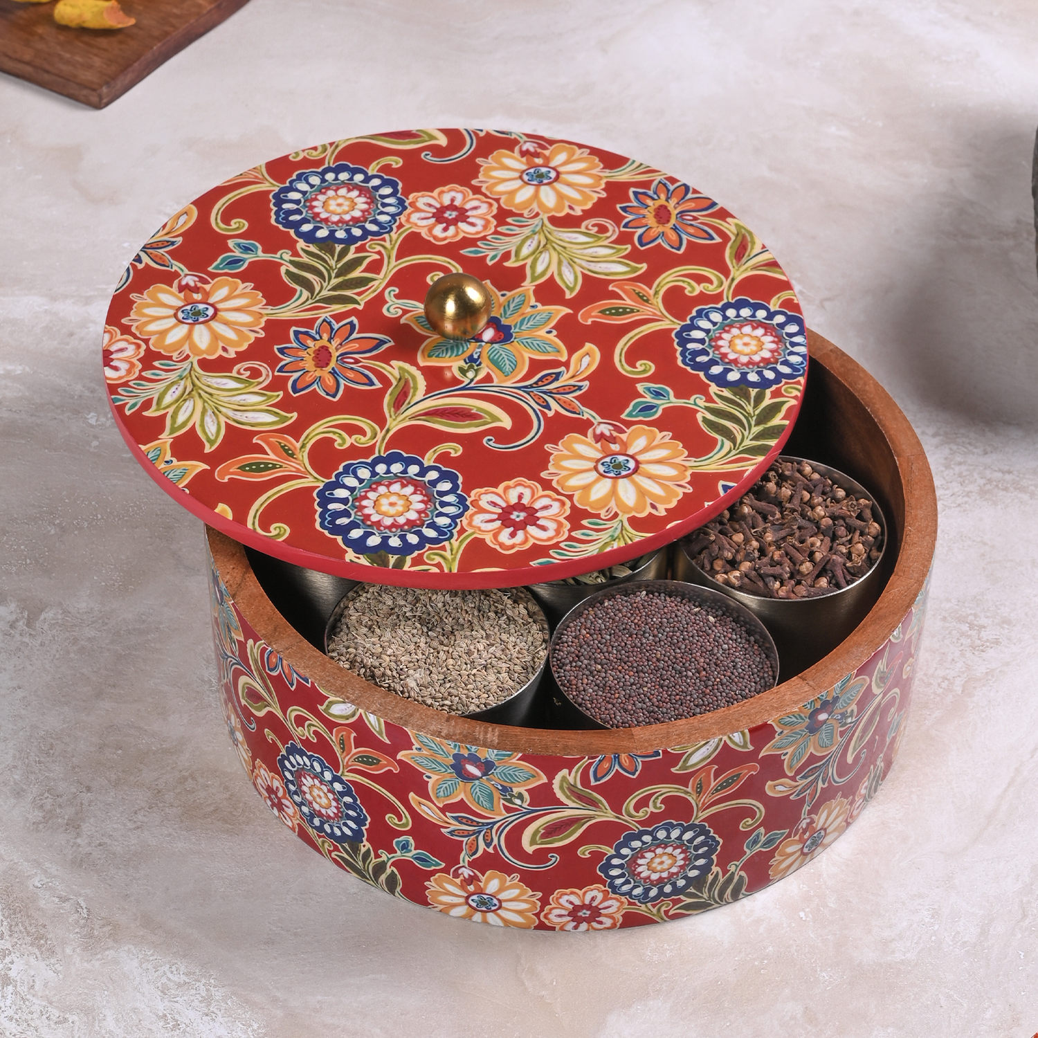 Greetwood Red Printed Wooden Masala Box for Kitchen
