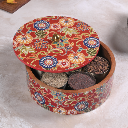 Greetwood Red Printed Wooden Masala Box for Kitchen
