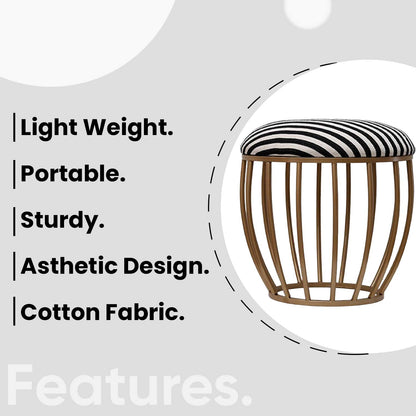 Classic Cage-Style Golden Metal Stool in Black &amp; White Stripe Set of 2