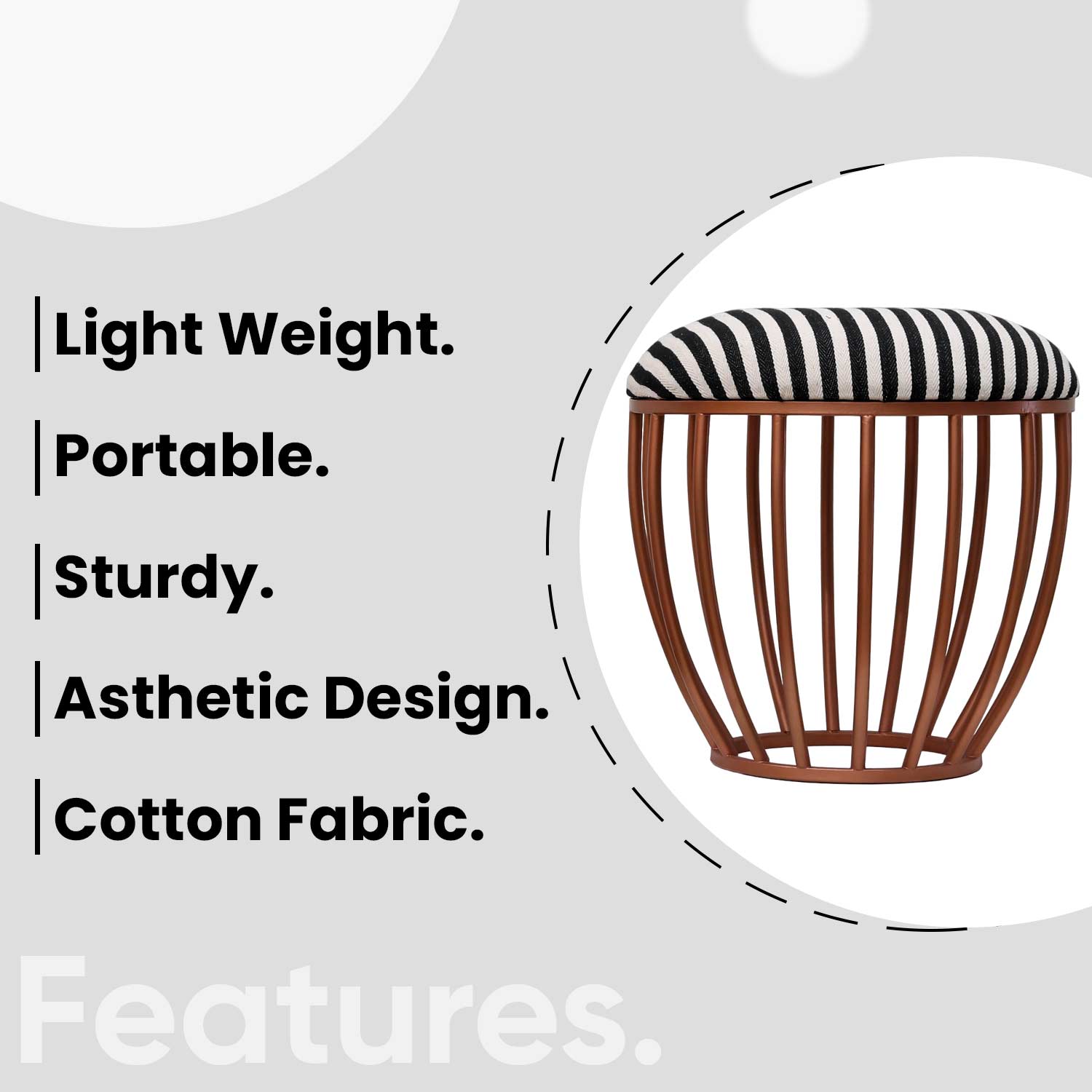 Classic Cage-Style Rose Gold Metal Stool in Black &amp; White Stripe Set of 2