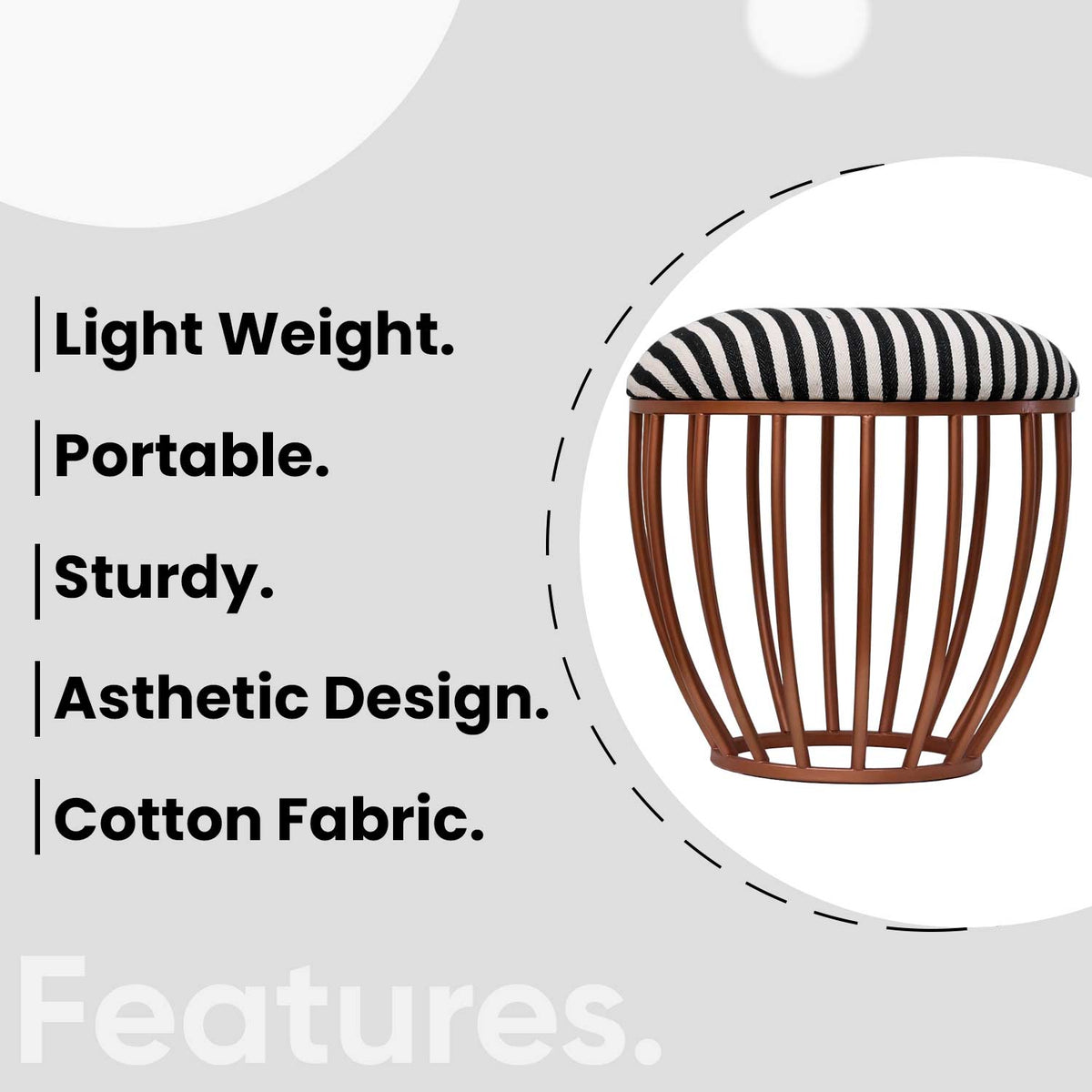 Classic Cage-Style Rose Gold Metal Stool in Black &amp; White Stripe Set of 2