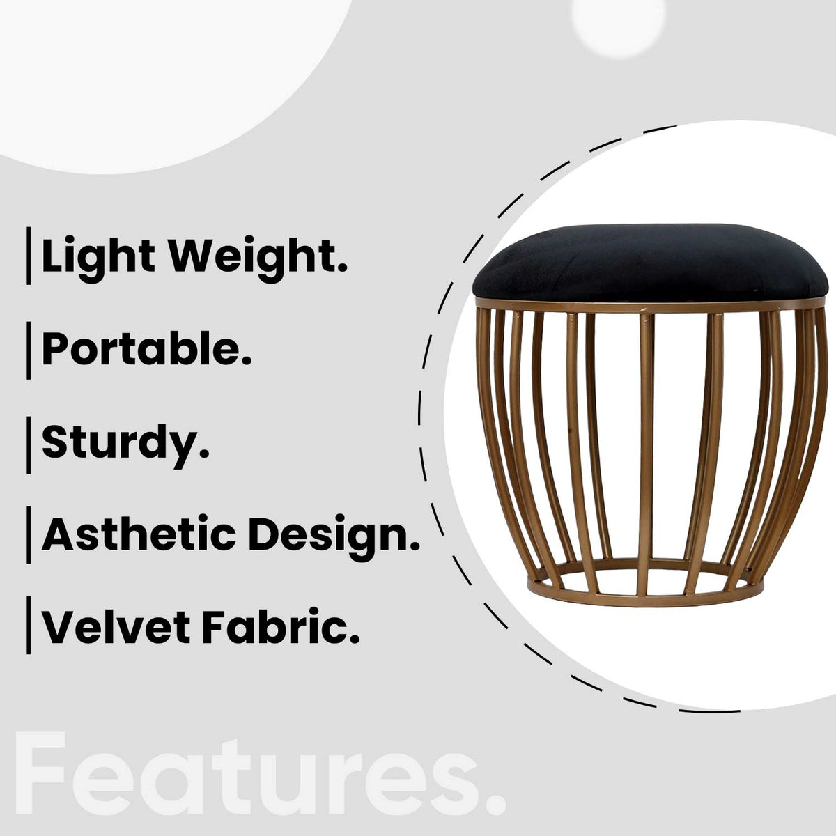 Classic Cage-Style Golden Metal Stool in Black Cushion