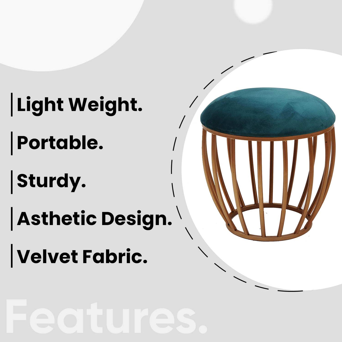 Classic Cage-Style Golden Metal Stool in Teal Blue Cushion Set of 2
