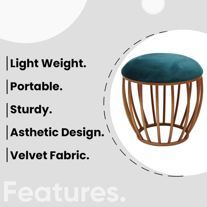 Classic Cage-Style Golden Metal Stool in Teal Blue Cushion Set of 2