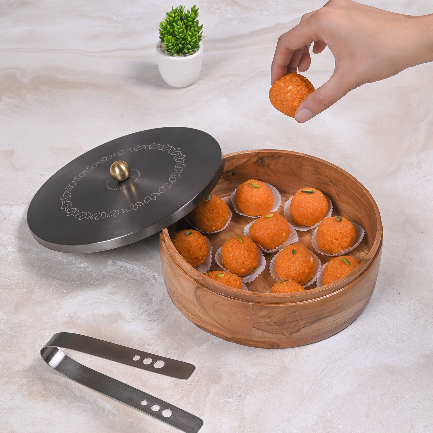 Greetwood GunMetal Lotus Wooden Chapati Box for Kitchen