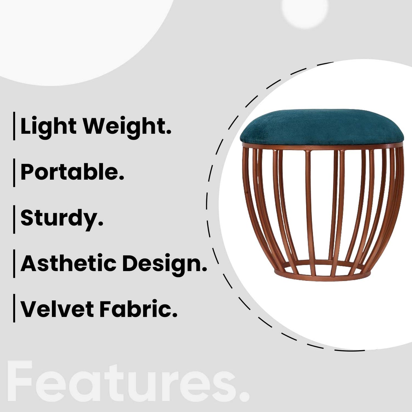 Classic Cage-Style Rose Gold Metal Stool in Teal Blue Cushion Set of 2