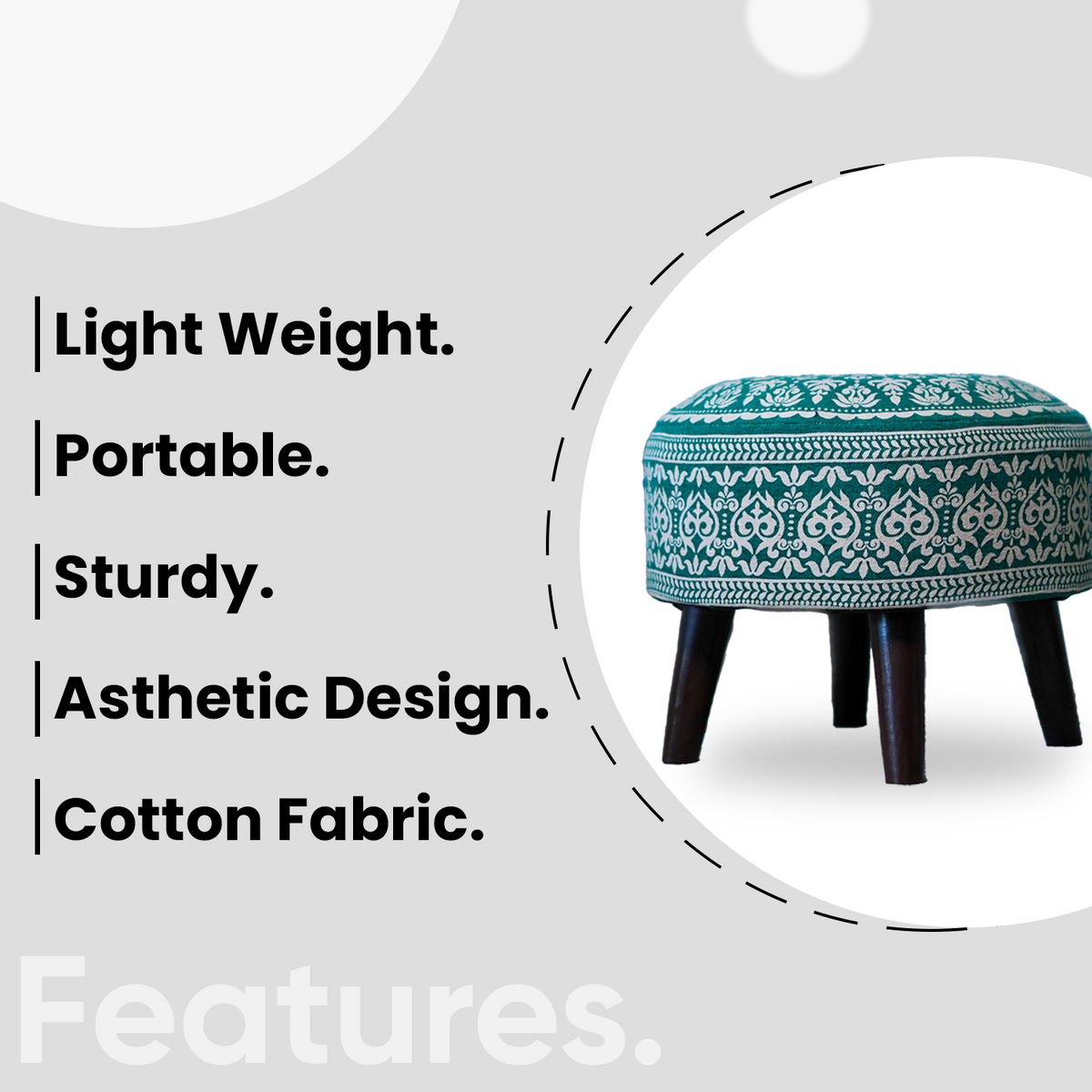 Contemporary Mandala Wooden Tuffet in Teal Blue Color Set of 2