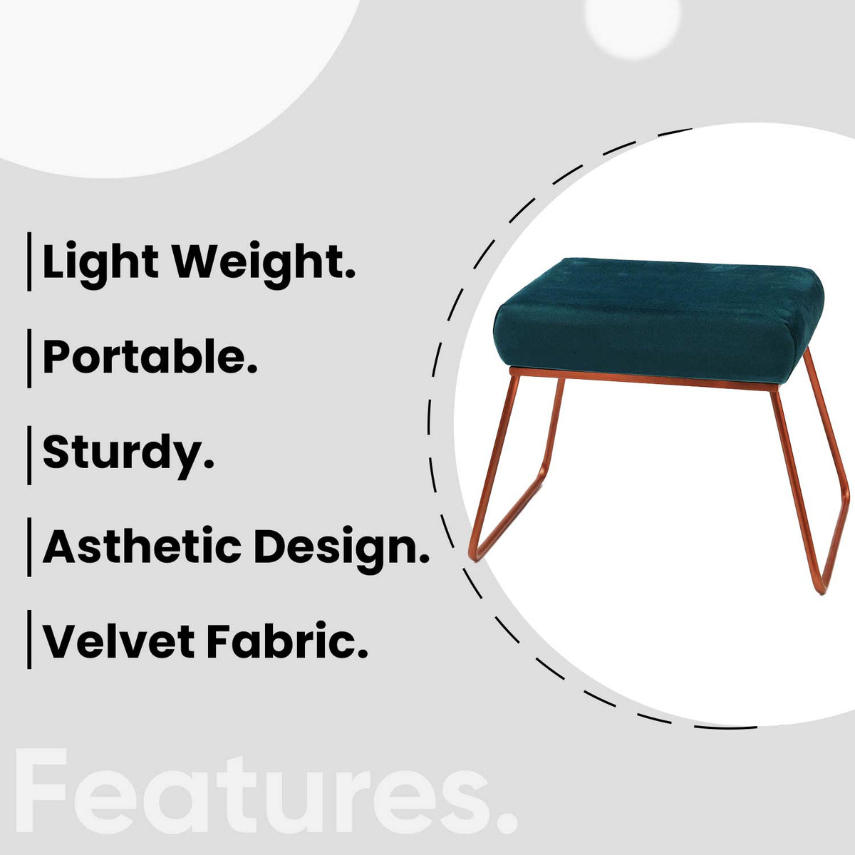 Classy and Compact Rose Gold Metal Stool in Teal Blue Cushion Set of 2