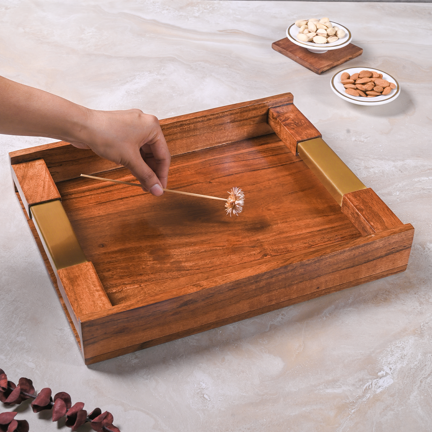 Greetwood Wooden Serving Tray With Brass Inlay Handles
