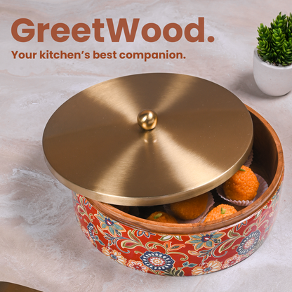 Greetwood Brass Lid Wooden Chapati Box for Kitchen in Red Print