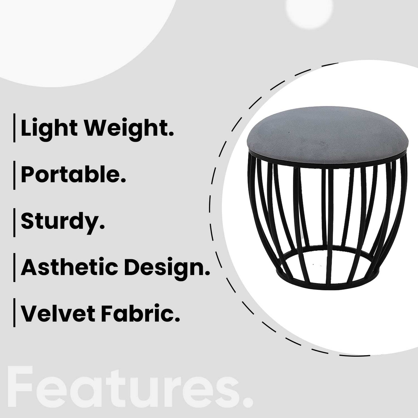 Classic Cage-Style Matt Black Metal Stool in Grey Cushion