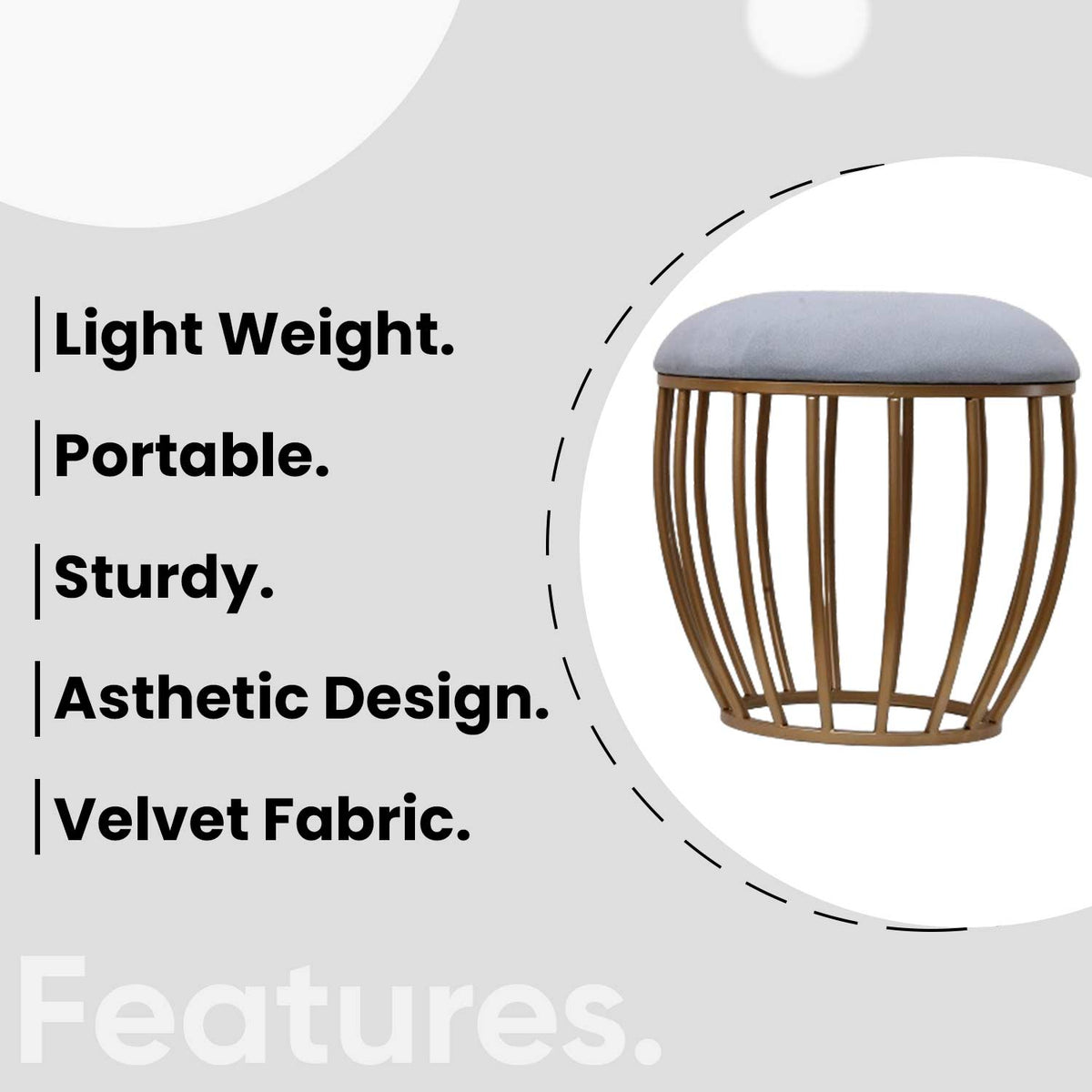 Classic Cage-Style Golden Metal Stool in Grey Cushion Set of 2