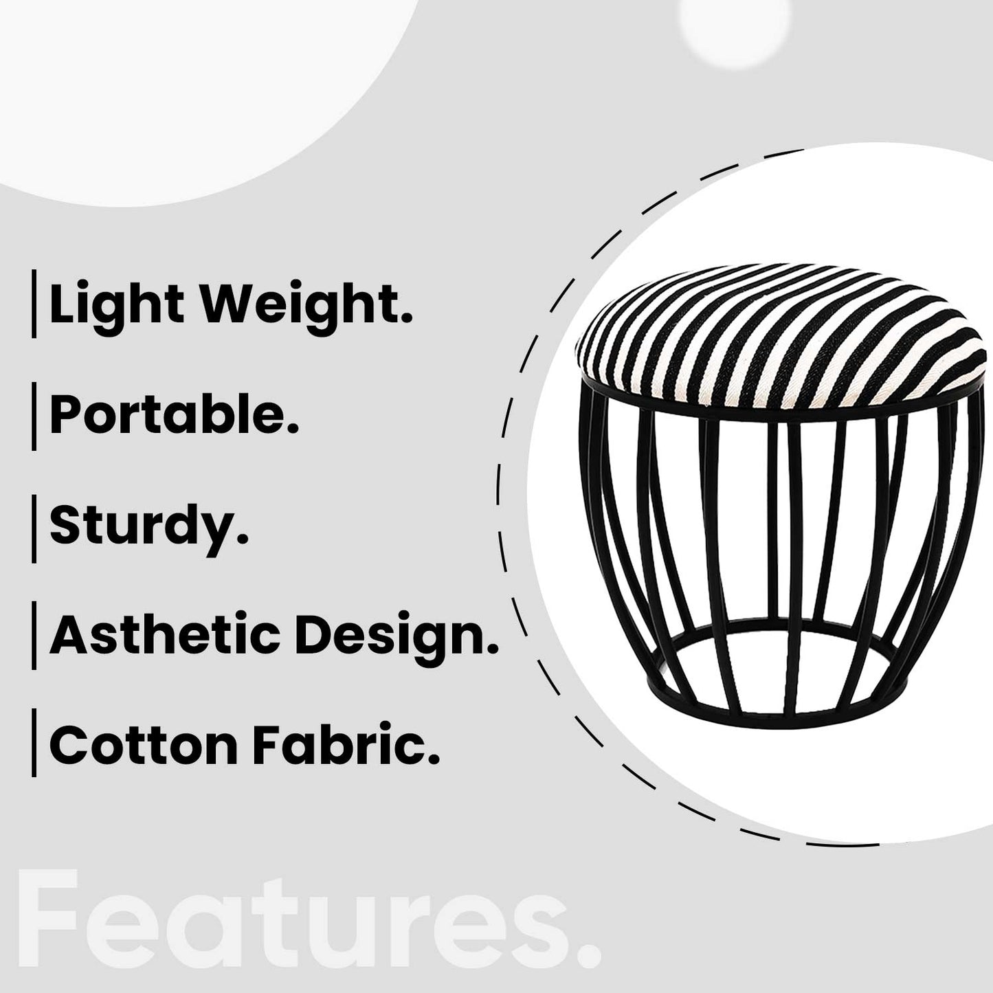 Classic Cage-Style Matt Black Metal Stool in Black &amp; White Stripe