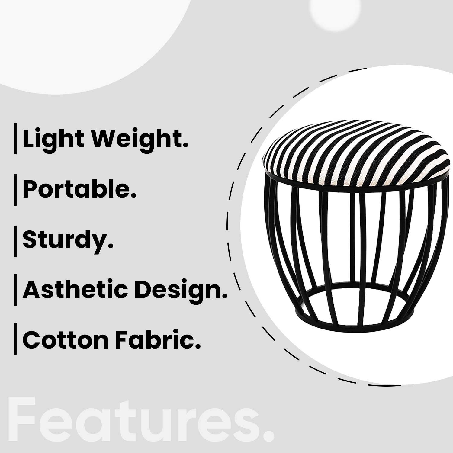 Classic Cage-Style Matt Black Metal Stool in Black &amp; White Stripe