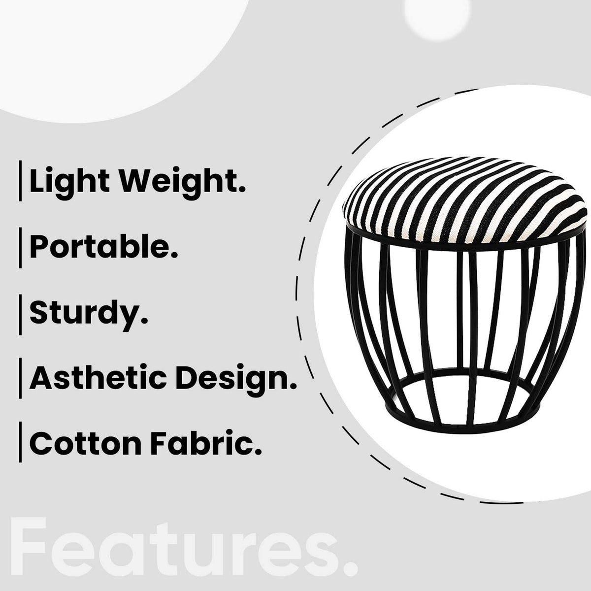 Classic Cage-Style Matt Black Metal Stool in Black &amp; White Stripe Set of 2