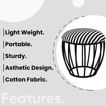 Classic Cage-Style Matt Black Metal Stool in Black &amp; White Stripe Set of 2