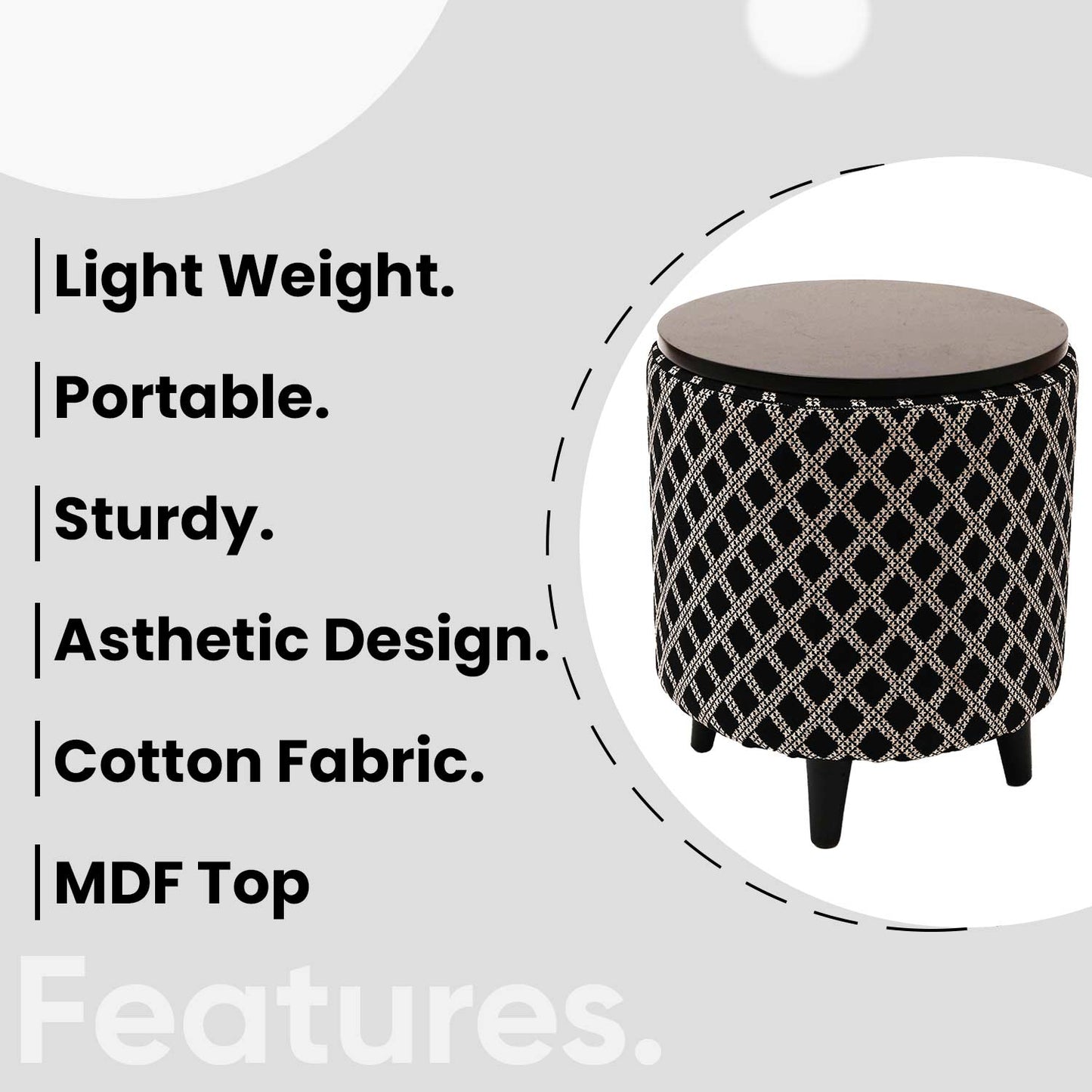 Multifunctional Tetrad Jacquard Wooden Footstool in Black Color