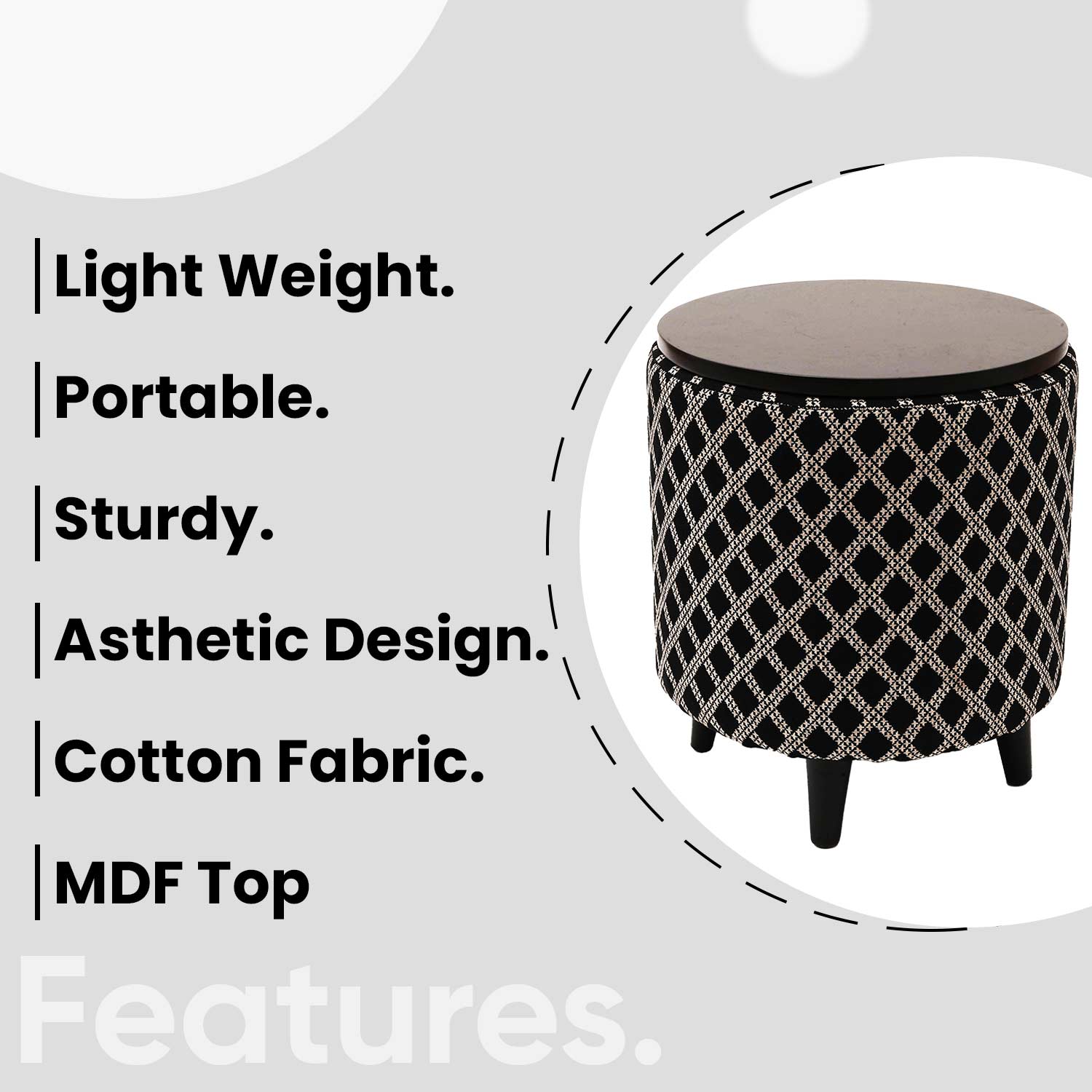 Multifunctional Tetrad Jacquard Wooden Footstool in Black Color