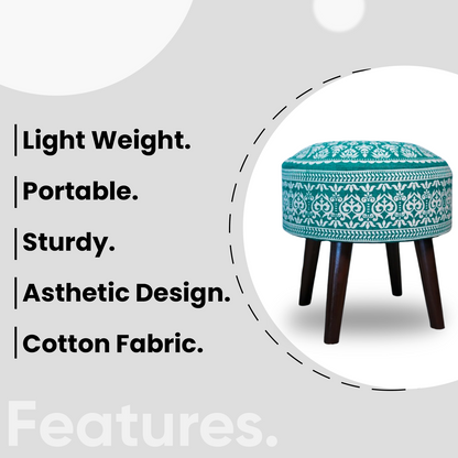 Mandala Wooden Ottoman in Teal Blue Color Set of 2