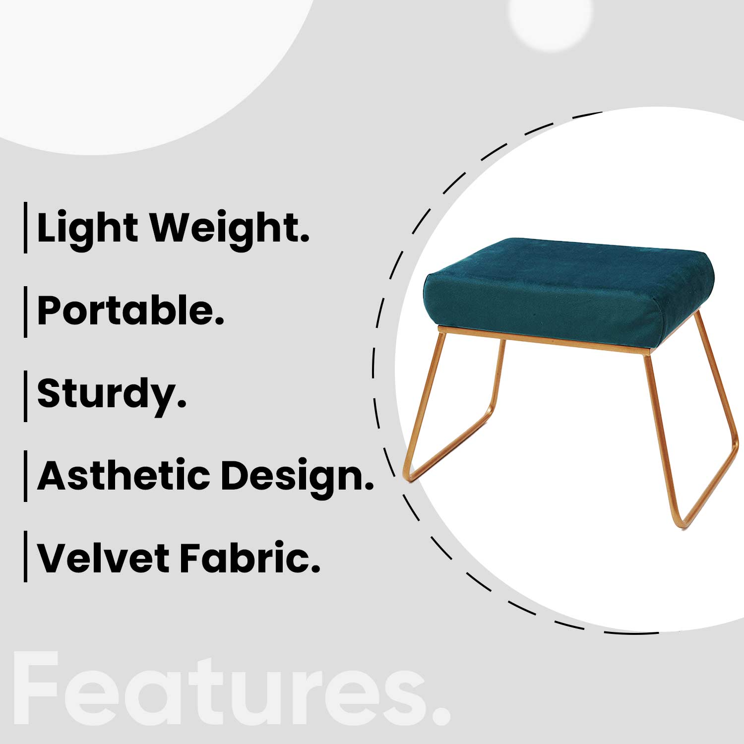 Classy and Compact Golden Metal Stool in Teal Blue Cushion Set of 2