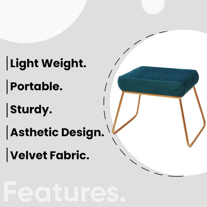 Classy and Compact Golden Metal Stool in Teal Blue Cushion Set of 2