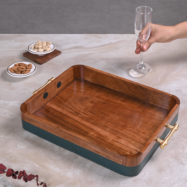 Greetwood Wooden Serving Tray With Leather Fabric
