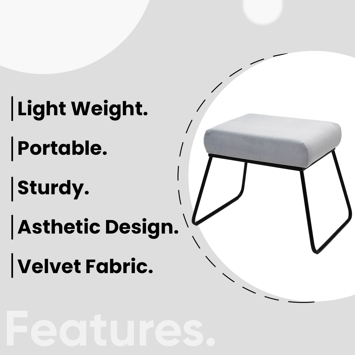 Classy and Compact Matt Black Metal Stool in Grey Cushion Set of 2