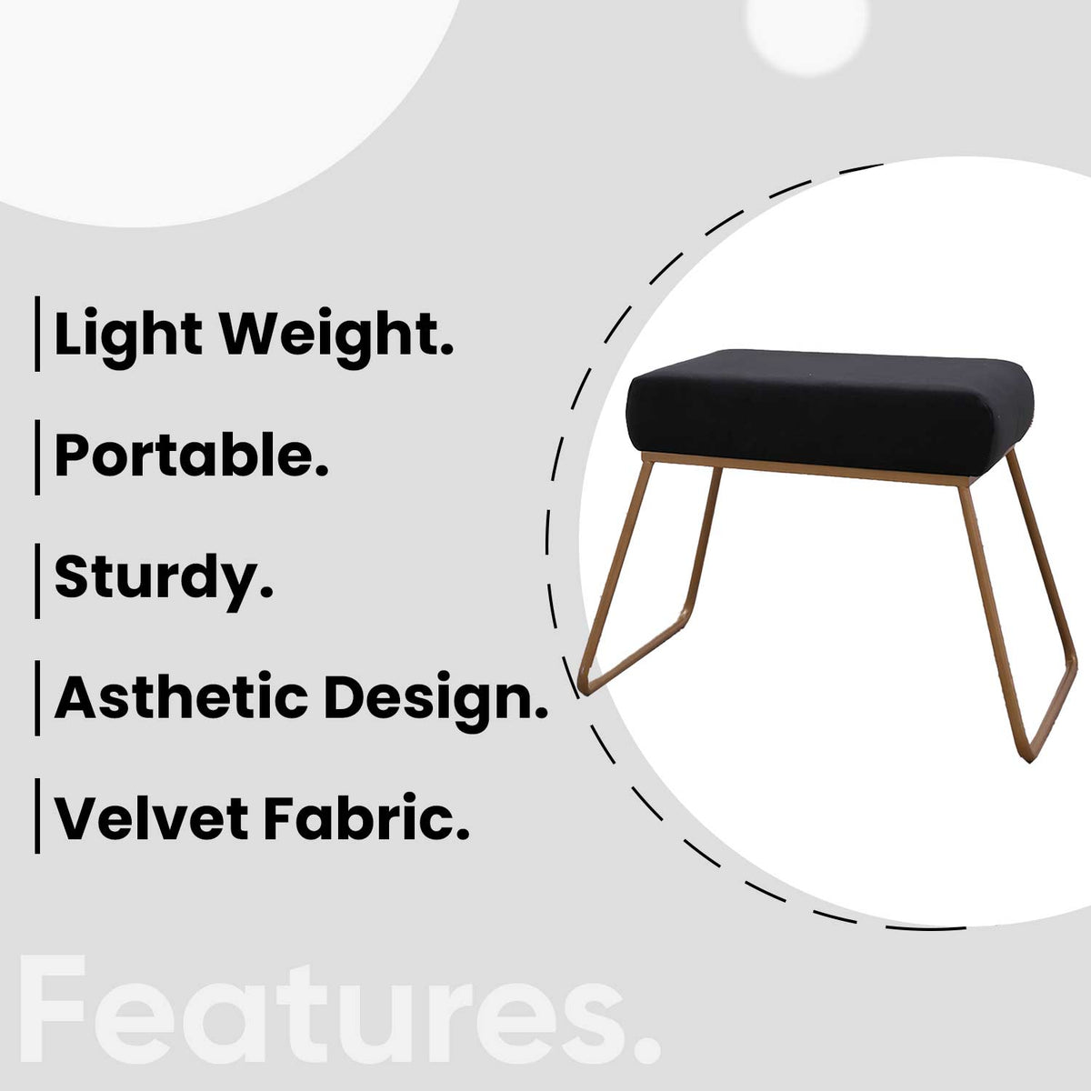 Classy and Compact Golden Metal Stool in Black Cushion Set of 2