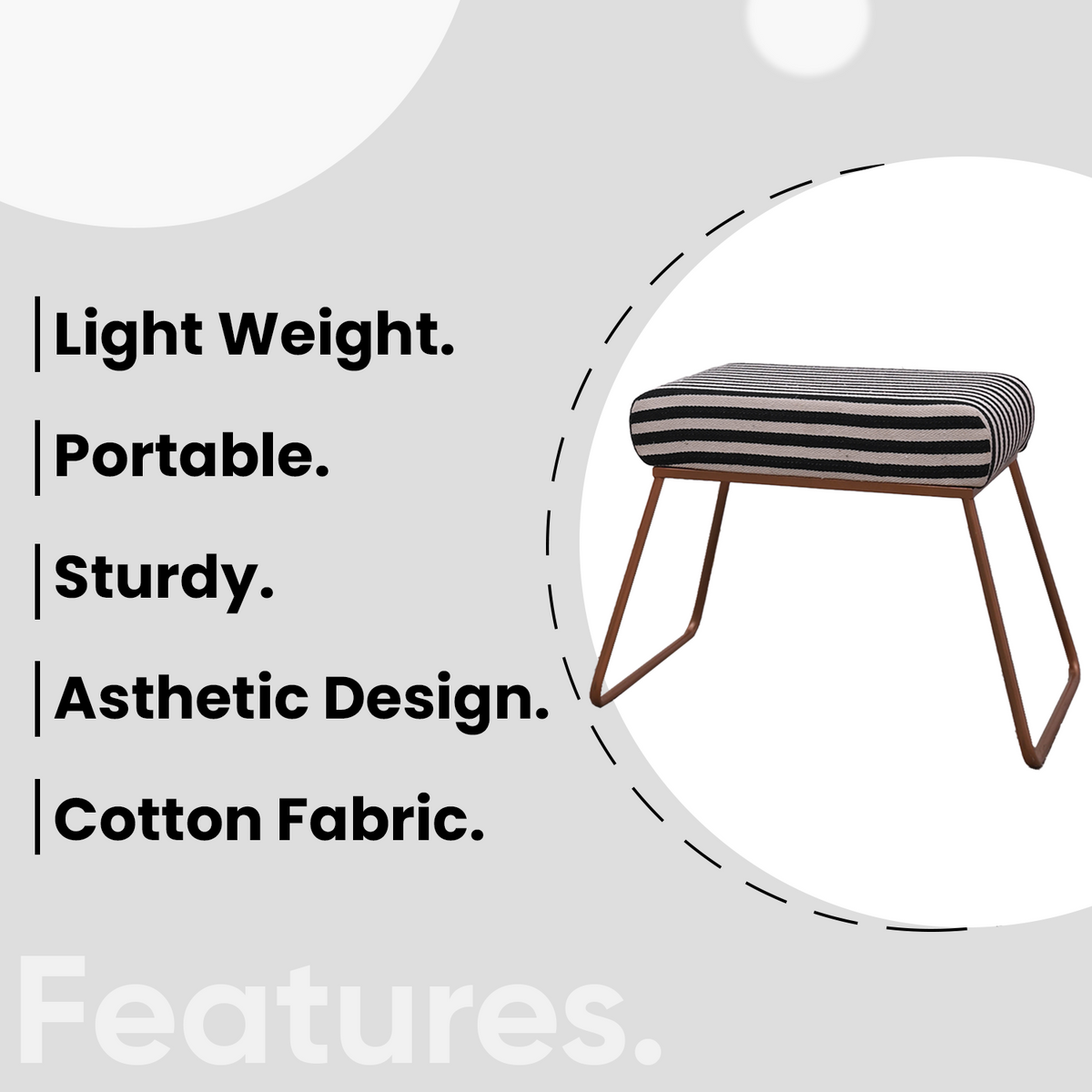 Classy and Compact Rose Gold Metal Stool in Black &amp; White Stripe Set of 2