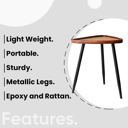 Walnut Triangular Mango Wood Resin Side Table with Metal Legs