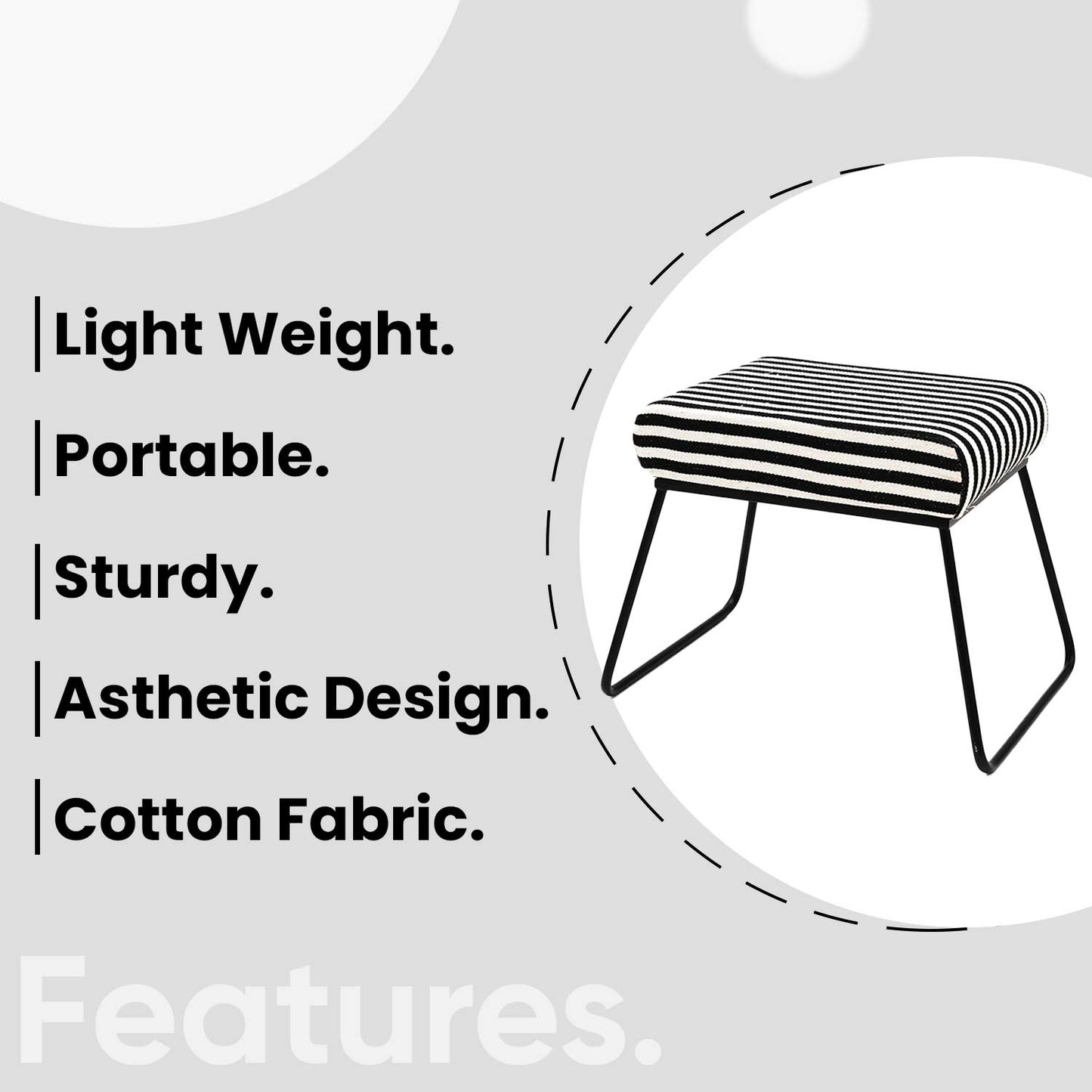 Classy and Compact Matt Black Metal Stool in Black & White Stripe Set of 2