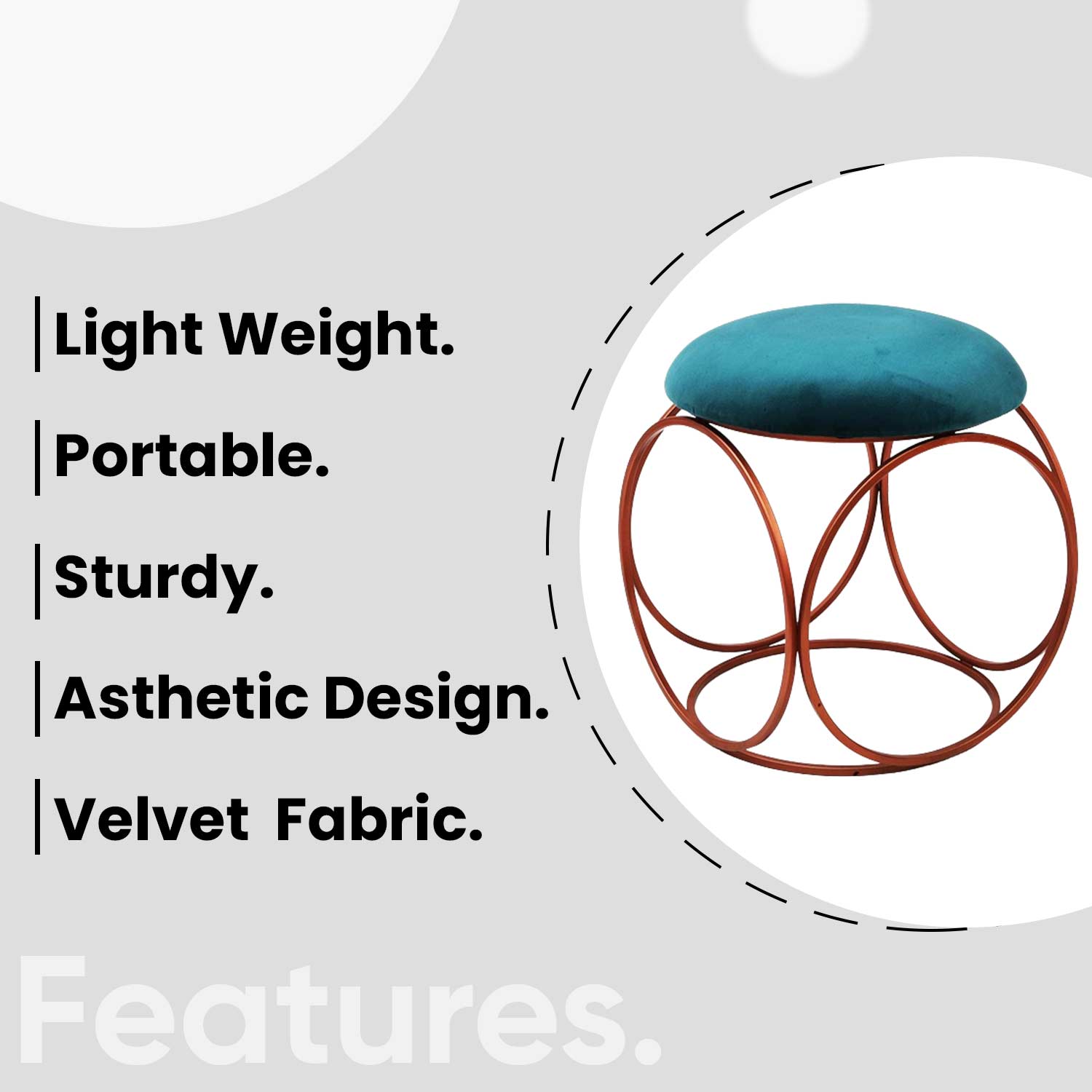 Modern Hexa-Style Rose Gold Metal Stool in Teal Blue Cushion Set of 2
