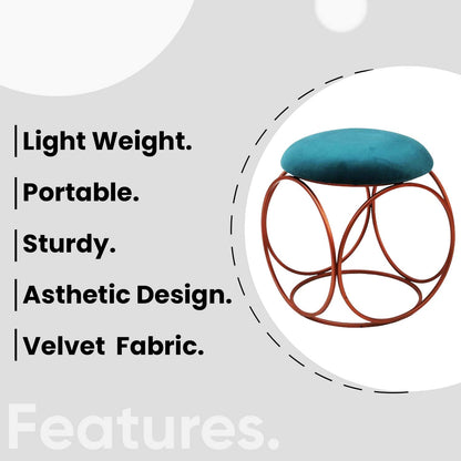 Modern Hexa-Style Rose Gold Metal Stool in Teal Blue Cushion Set of 2