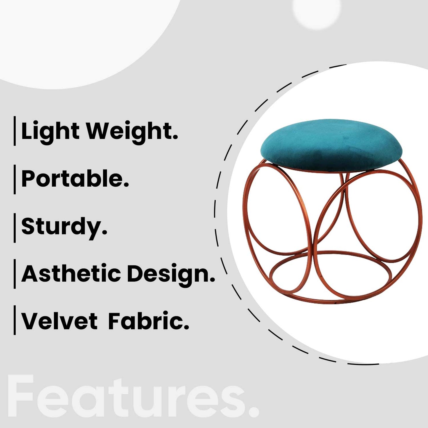Modern Hexa-Style Rose Gold Metal Stool in Teal Blue Cushion Set of 2