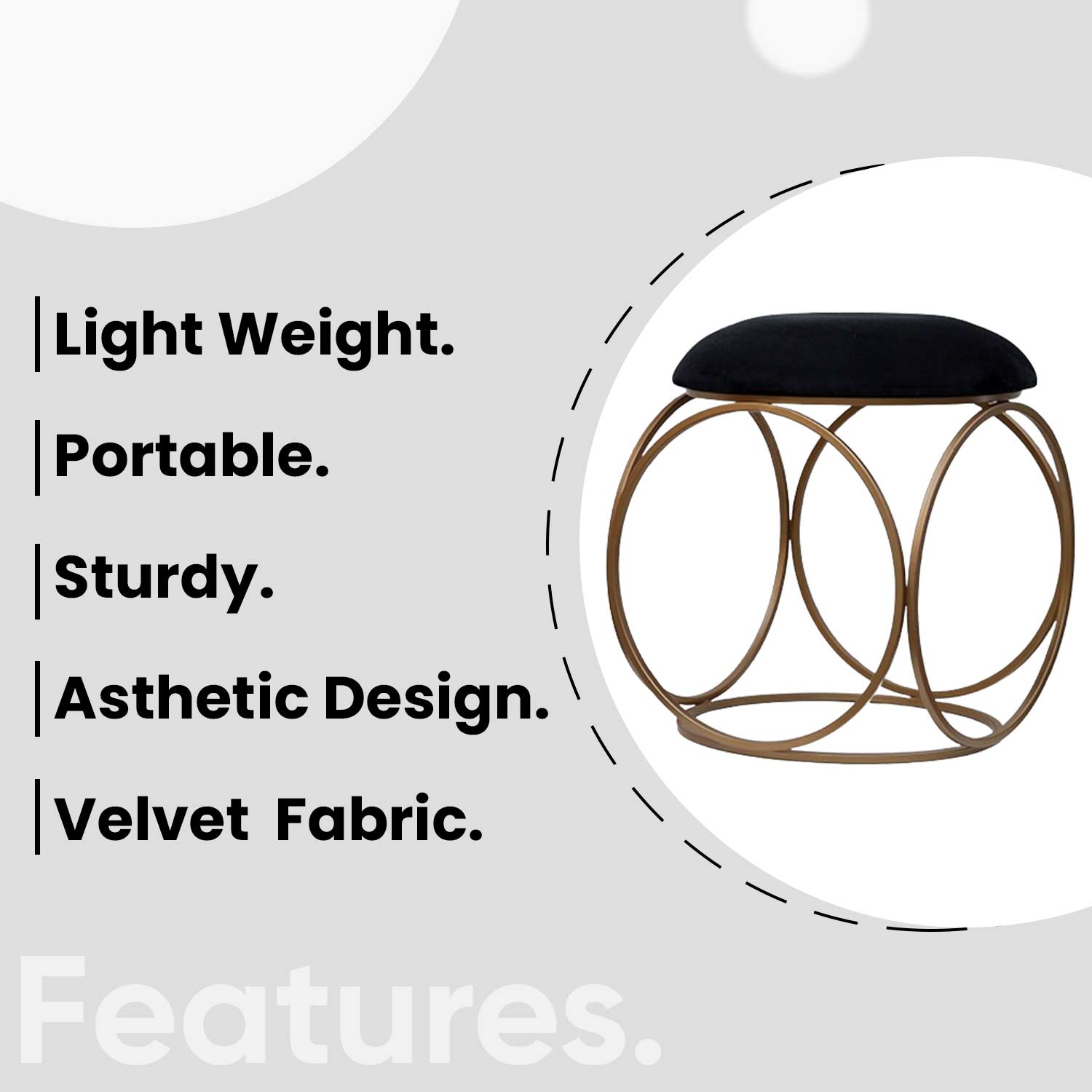 Modern Hexa-Style Golden Metal Stool in Black Cushion