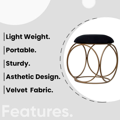 Modern Hexa-Style Golden Metal Stool in Black Cushion