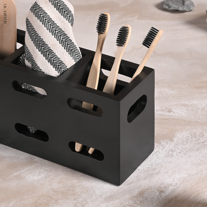 Greetwood MDF Wooden Cutlery Holder for Kitchen in Black Color