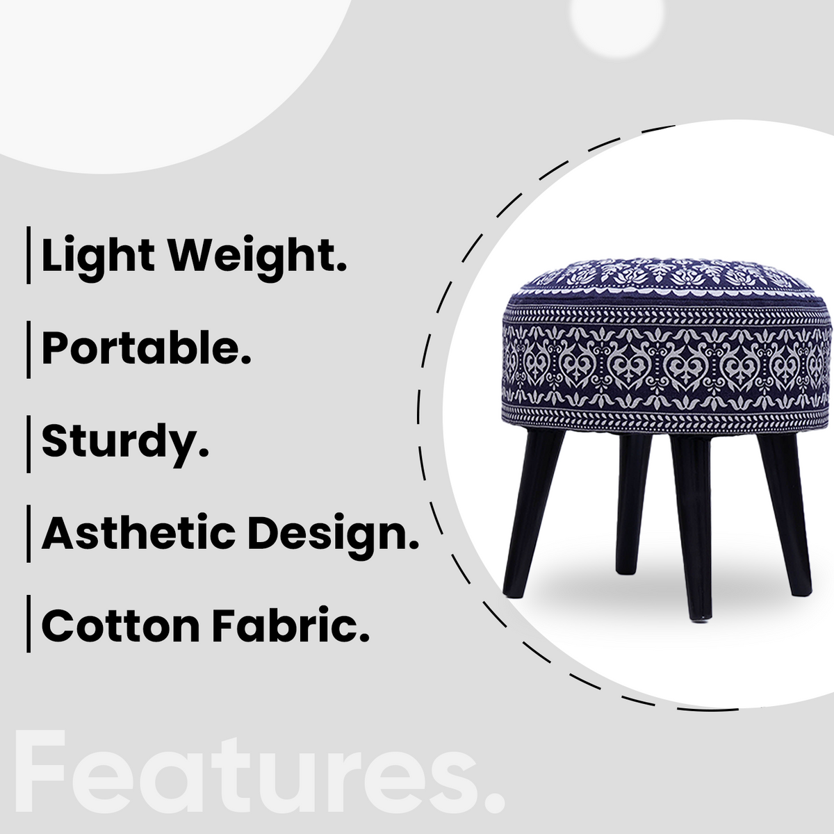 Mandala Wooden Ottoman in Blue Color Set of 1