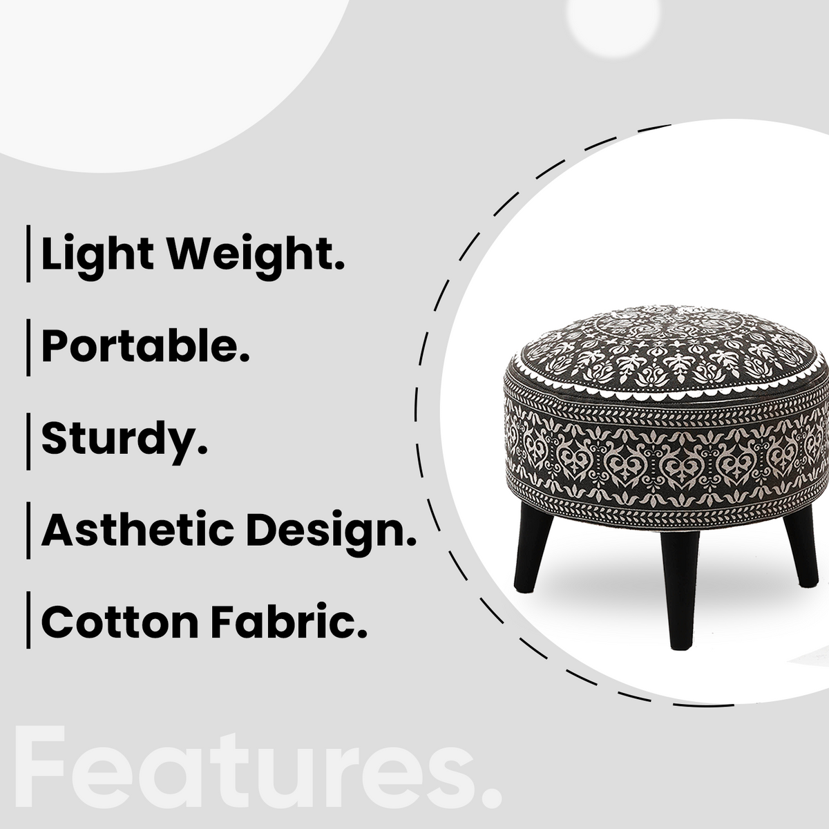 Contemporary Mandala Wooden Tuffet in Grey Color Set of 2