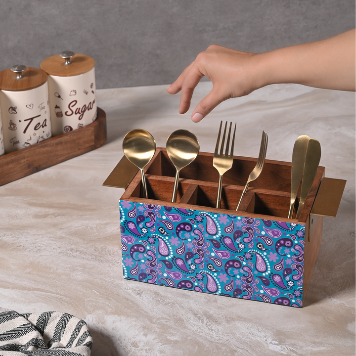 Greetwood Purple Printed Wooden Cutlery Holder for Kitchen