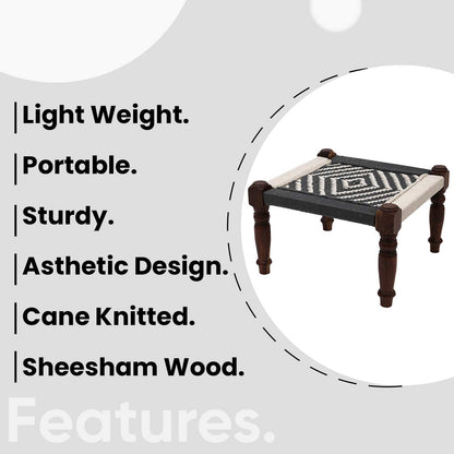 Retro Maachi Style Sheesham Chowki in Grey Color Hand Cane