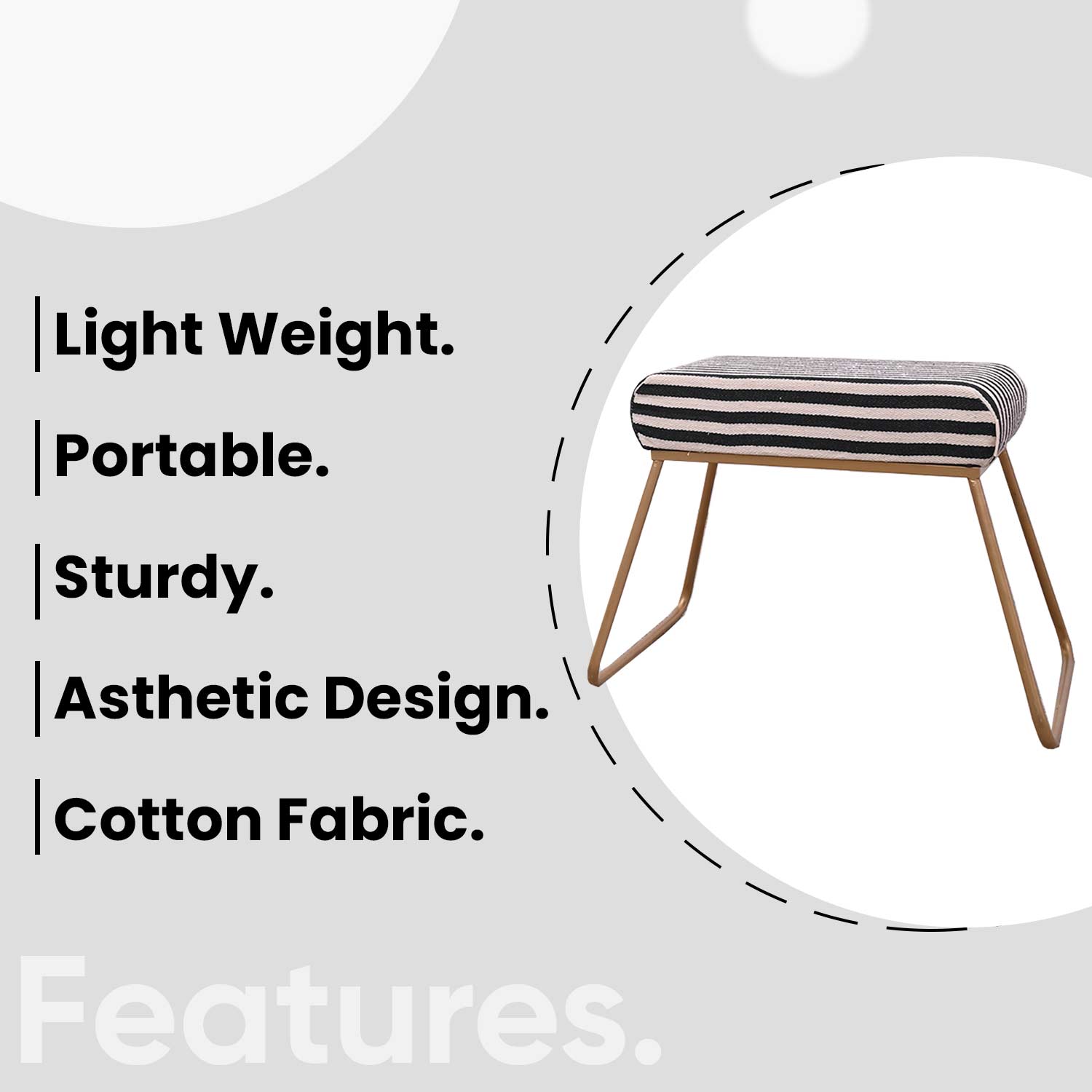 Classy and Compact Golden Metal Stool in Black &amp; White Stripe