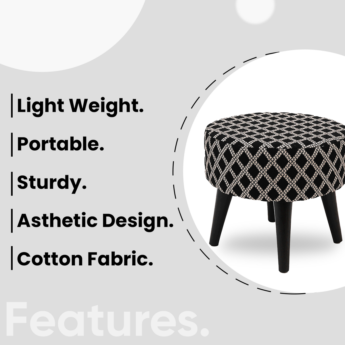 Contemporary Tetrad Jacquard Wooden Tuffet in Black Color