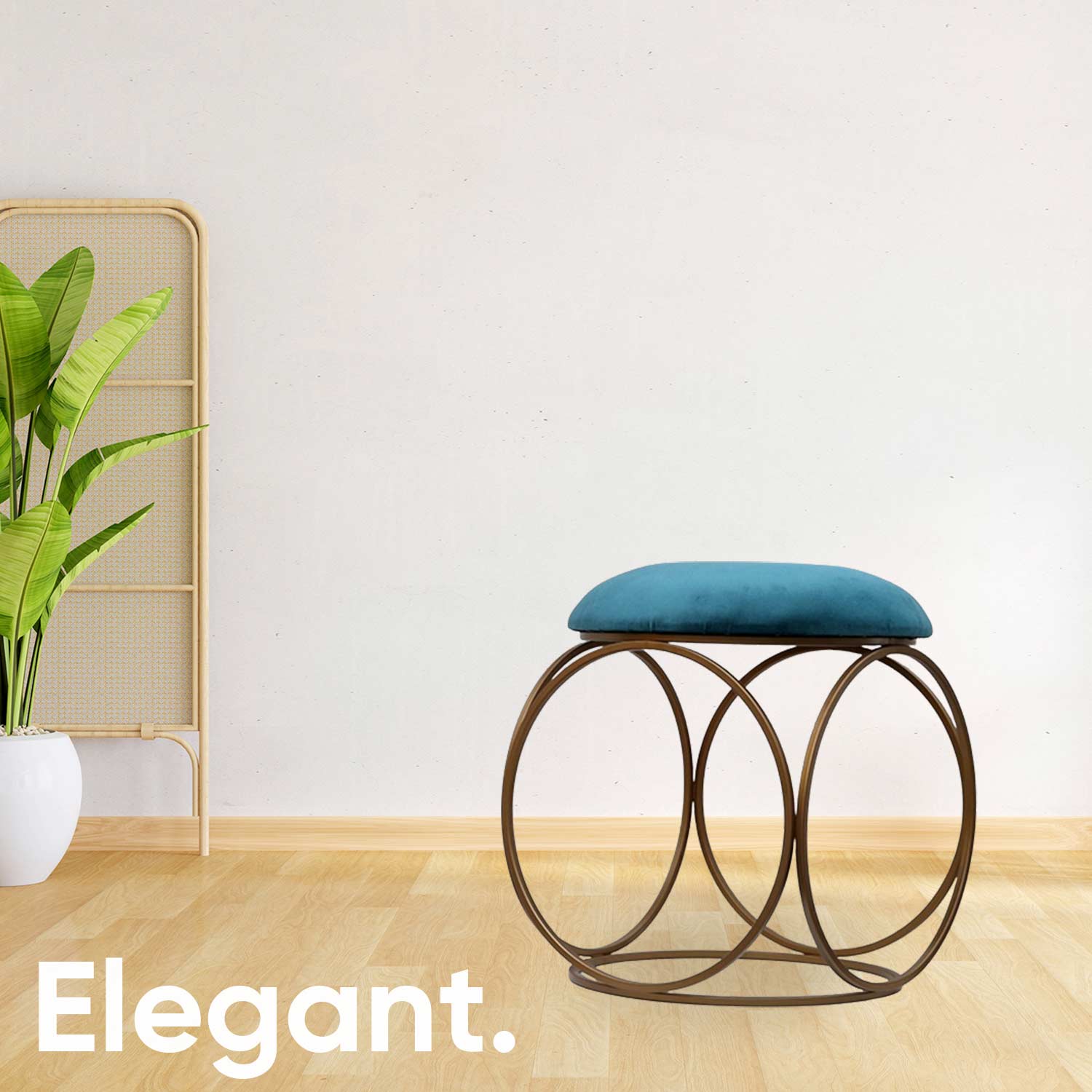 Modern Hexa-Style Golden Metal Stool in Teal Blue Cushion Set of 2