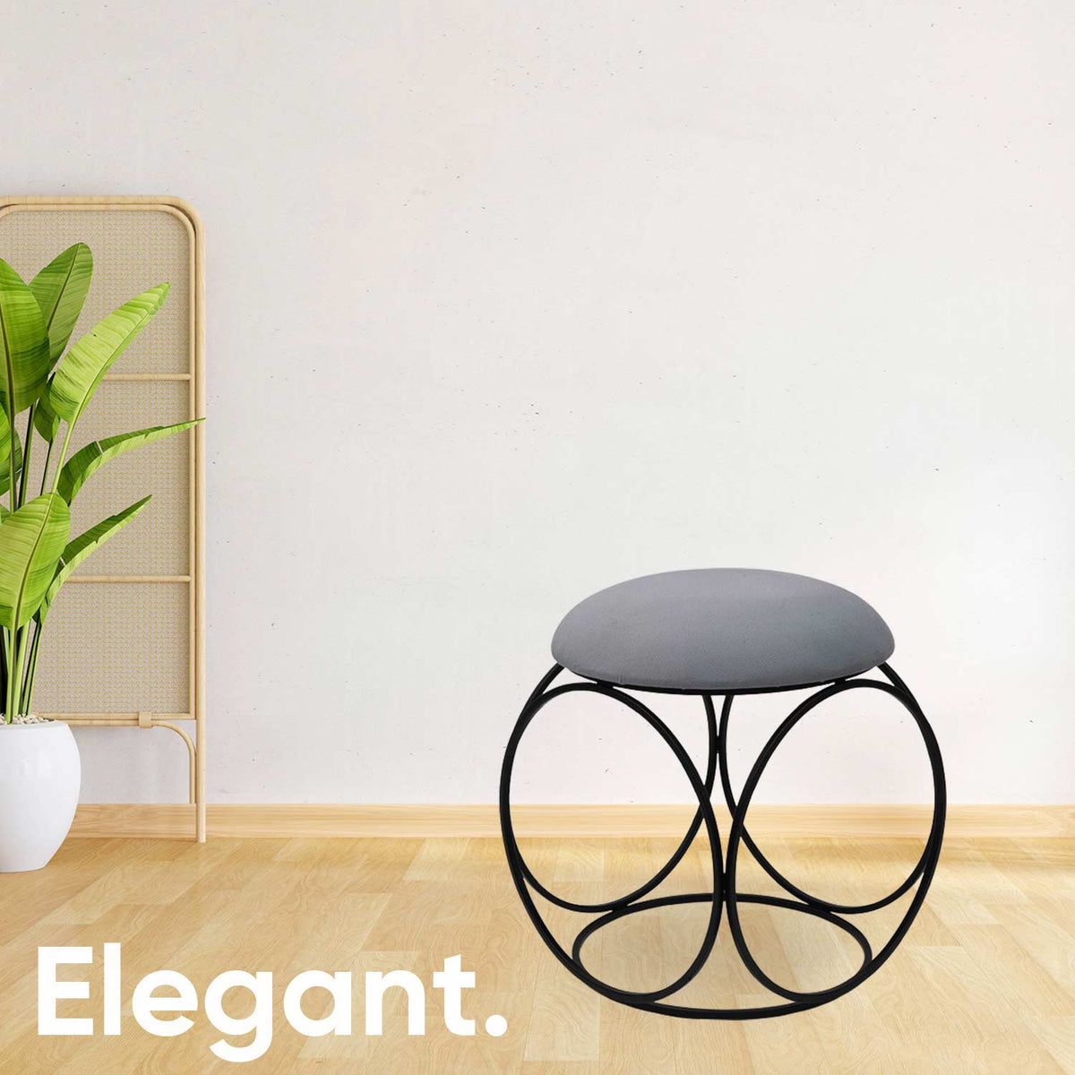 Modern Hexa-Style Matt Black Metal Stool in Grey Cushion Set of 2