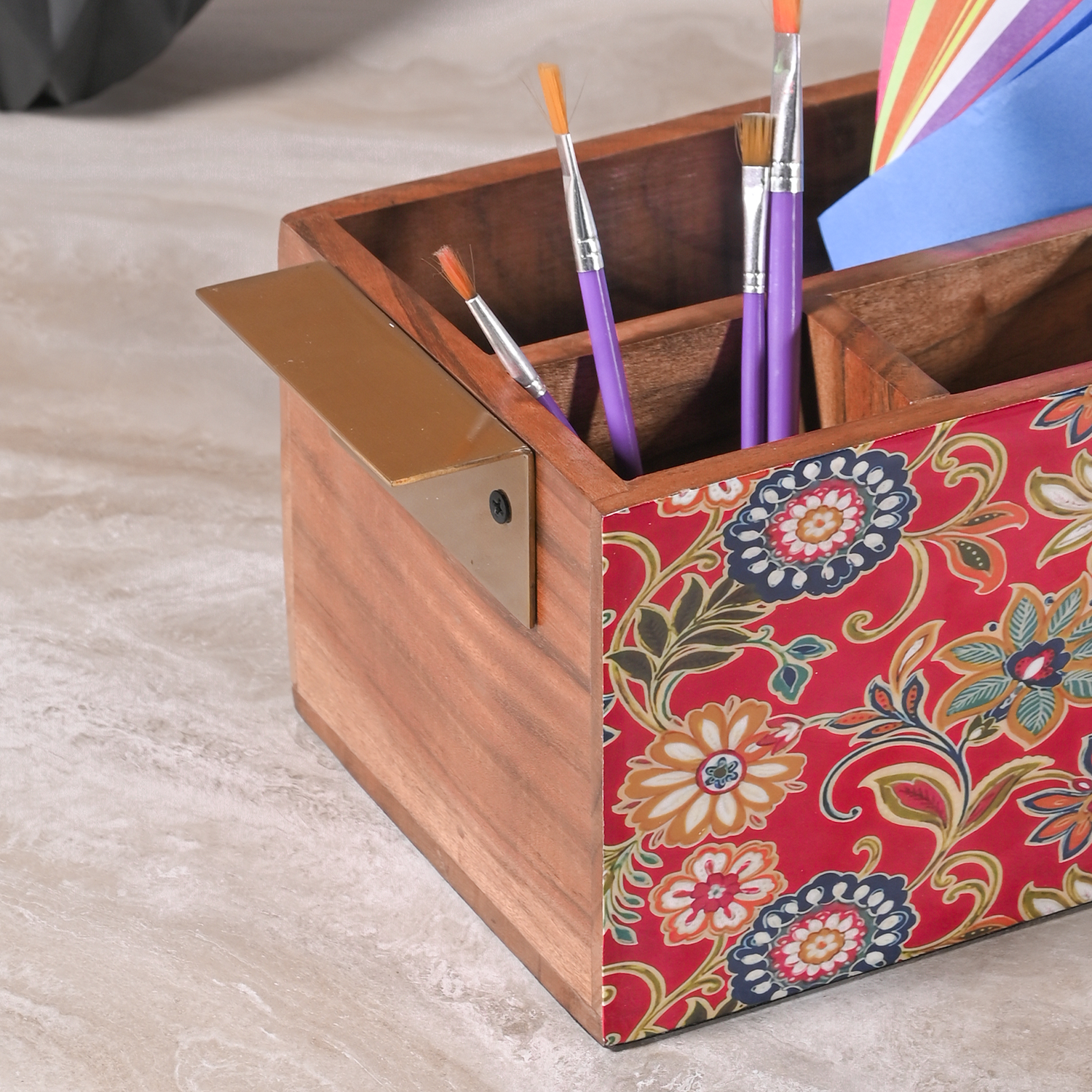 Greetwood Red Printed Wooden Cutlery Holder for Kitchen