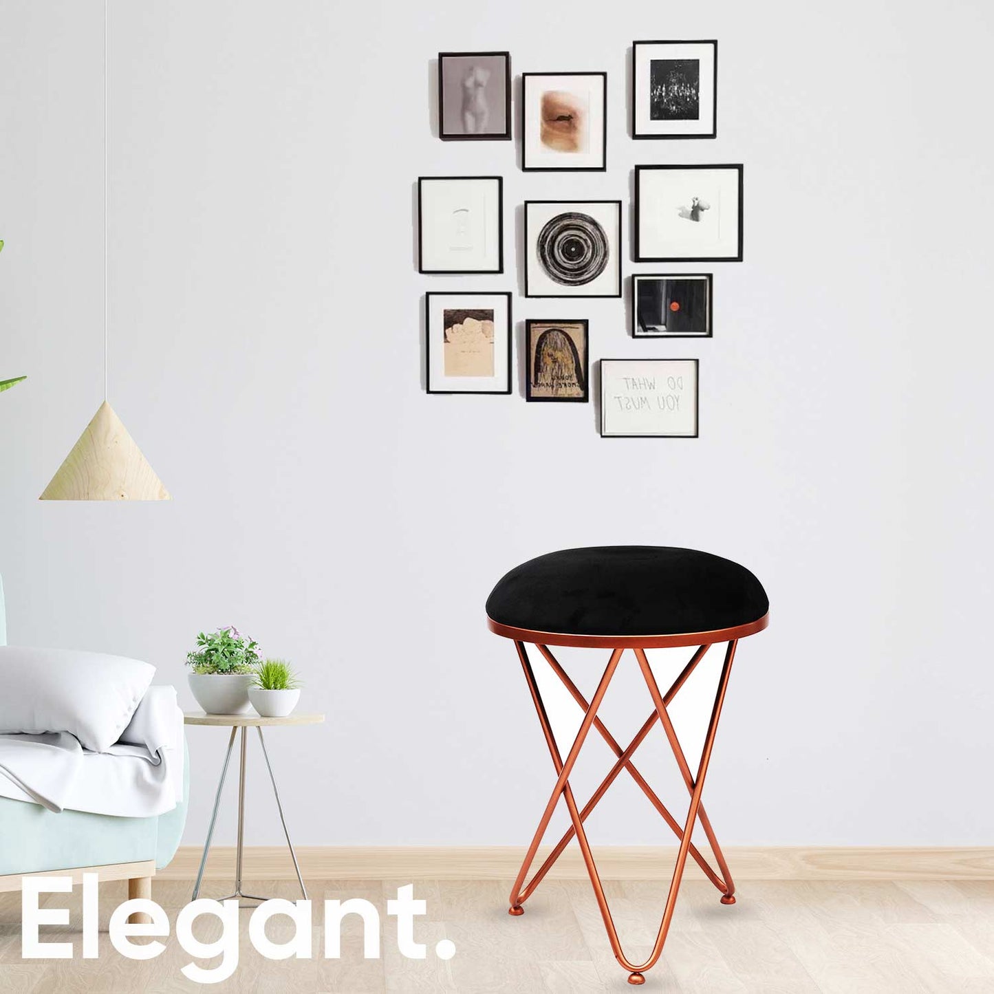 Ultra-modern Cross Leg Rose Gold Metal Stool in Black Cushion Set of 2