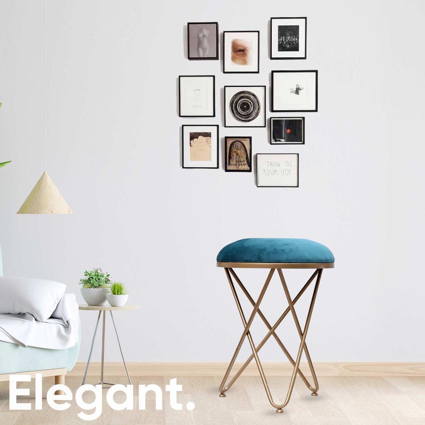 Ultra-modern Cross Leg Golden Metal Stool in Teal Blue Cushion