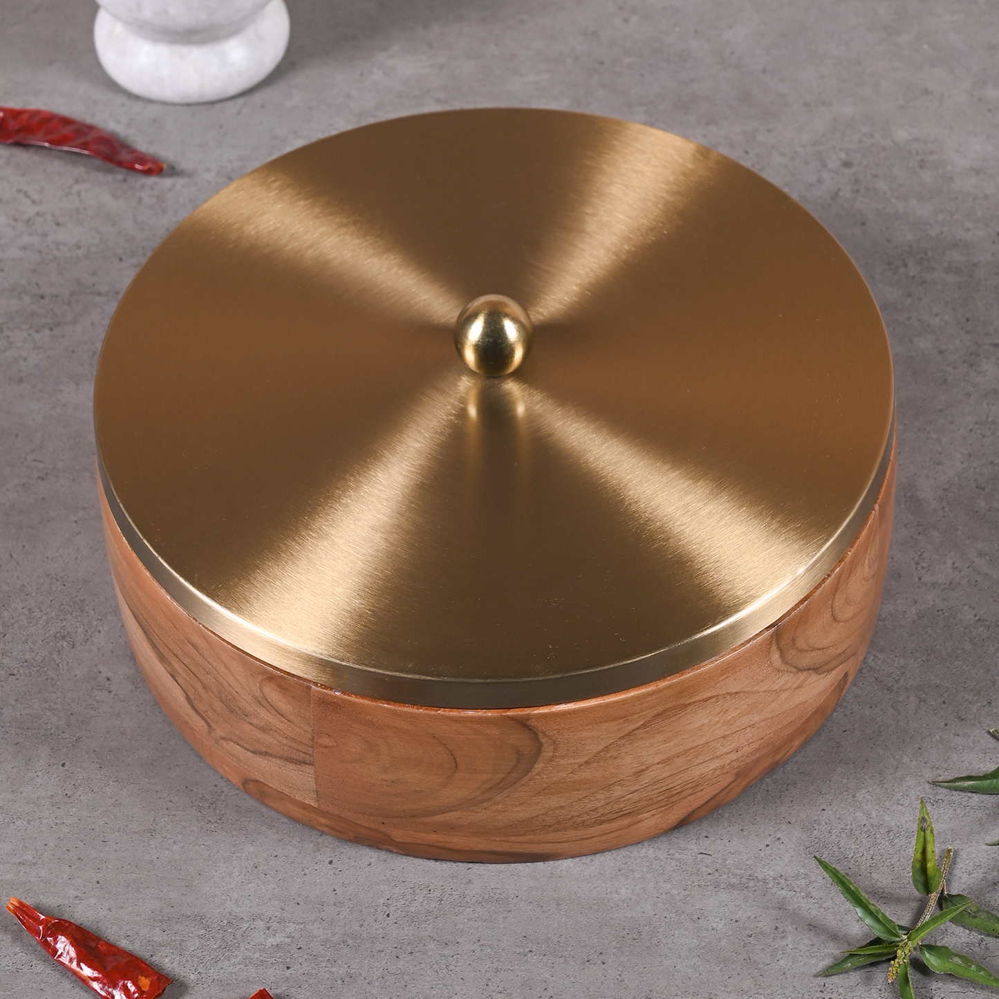 Greetwood Brass Lid Wooden Masala Box for Kitchen