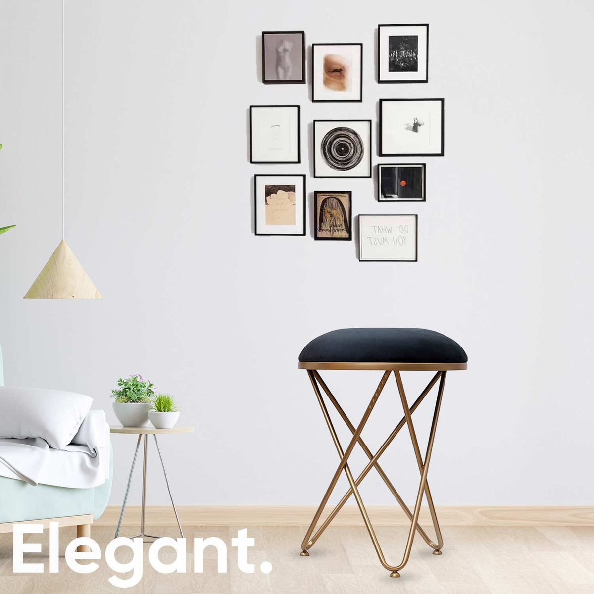 Ultra-modern Cross Leg Golden Metal Stool in Black Cushion Set of 2
